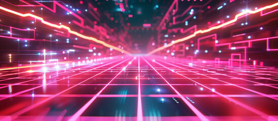 Cyber technology background with glowing neon lines and digital grids. 32k, full ultra HD, high resolution.
