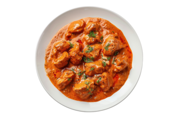 Delicious plate of butter chicken isolated on white background