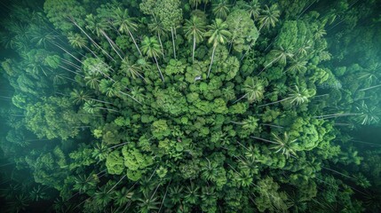 Aerial view of lush green rainforest with dense foliage and tall trees, showcasing the beauty and diversity of nature from above.