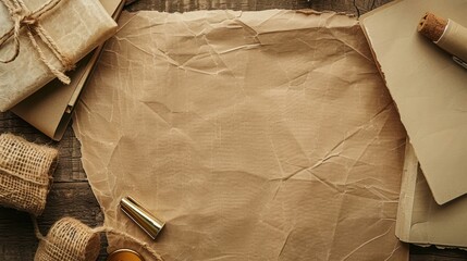 An old, wrinkled piece of brown paper unfolds on a rustic wooden surface with vintage items around