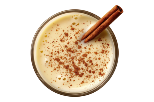 Eggnog with cinnamon stick isolated on white background