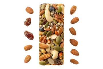 Energy packed protein bar made with nuts isolated on white background