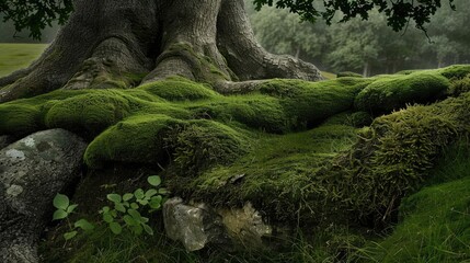 Close-up of a majestic tree trunk and roots covered in lush green moss, with a serene nature forest background.