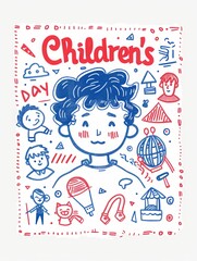 Children’s Day Illustrated Page with Red and Blue Drawings and Cartoon Characters