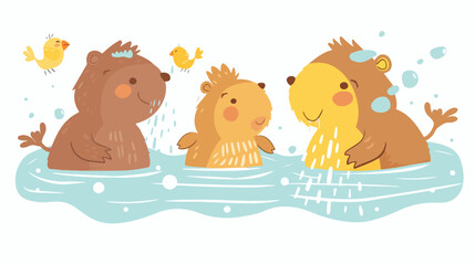 Cute capybara and birds. Funny happy capibara washing