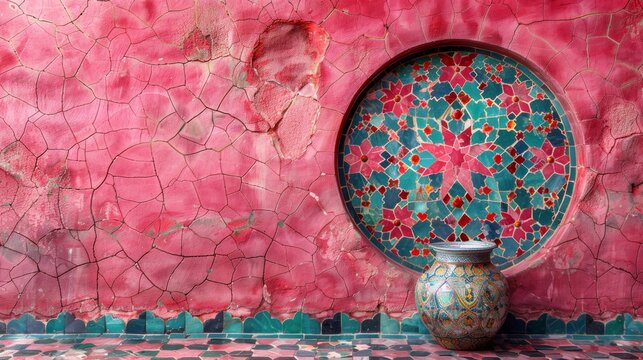 Arabic Middle Eastern background with pink Islamic pattern geometry and mosaic.