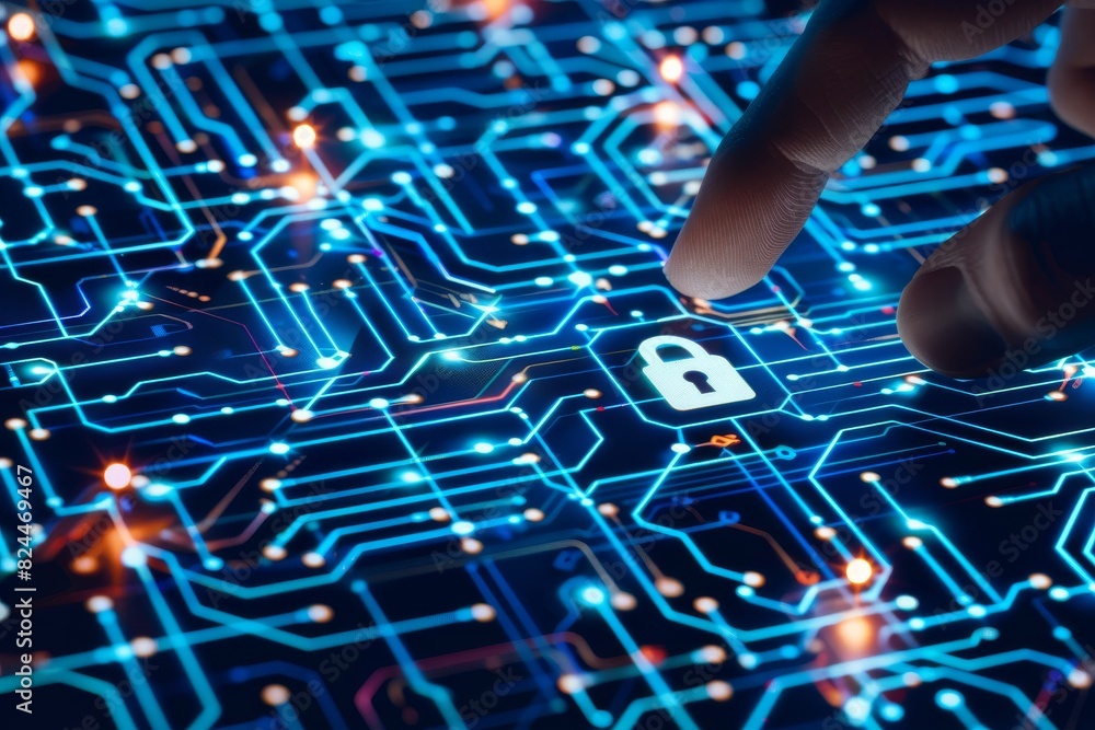 Poster cloud security with glowing circuits and advanced digital protection technology.