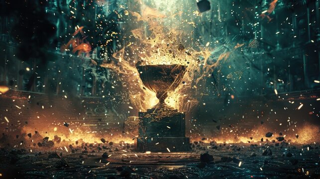 Fantasy golden goblet on a pedestal with a bright light from the sky. AIG535