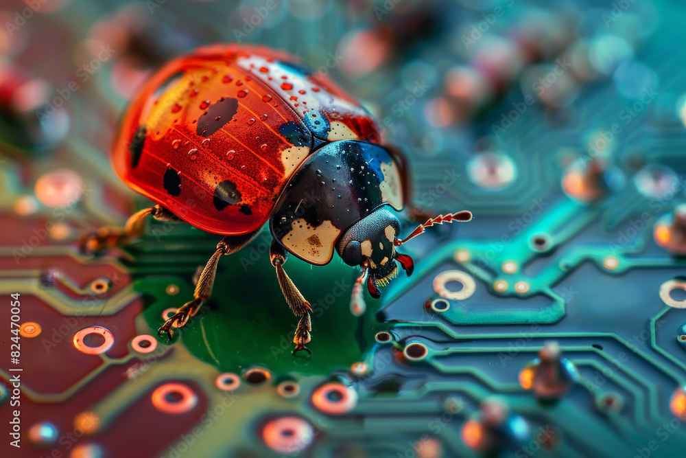 Poster ladybug on circuit board, motherboard have bug. security cyber concept. ai generative