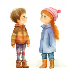 Little boy and girl in fall clothes looking up. Watercolor isolated illustration on white background.