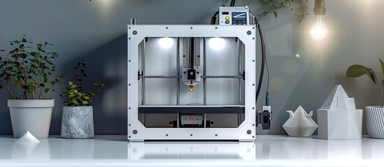 Full front view of a 3D printer on a clean, tech-themed background. 32k, full ultra HD, high resolution.