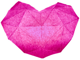 Pink origami heart lit from within like a lantern on a white background