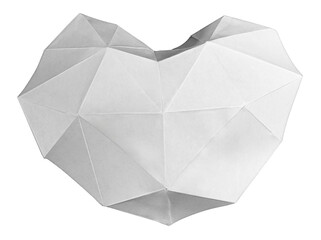 White origami heart lit from within like a lantern on a white background