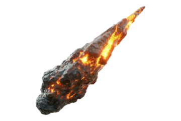 Flaming meteor with glowing molten tail isolated on white background