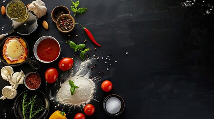 Ingredients for making fried chicken on a black background with space for text.
