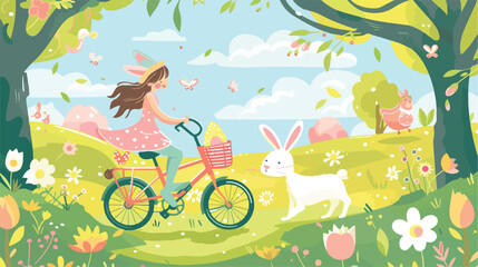 Cute Easter bunny and kid riding bicycle. Happy child