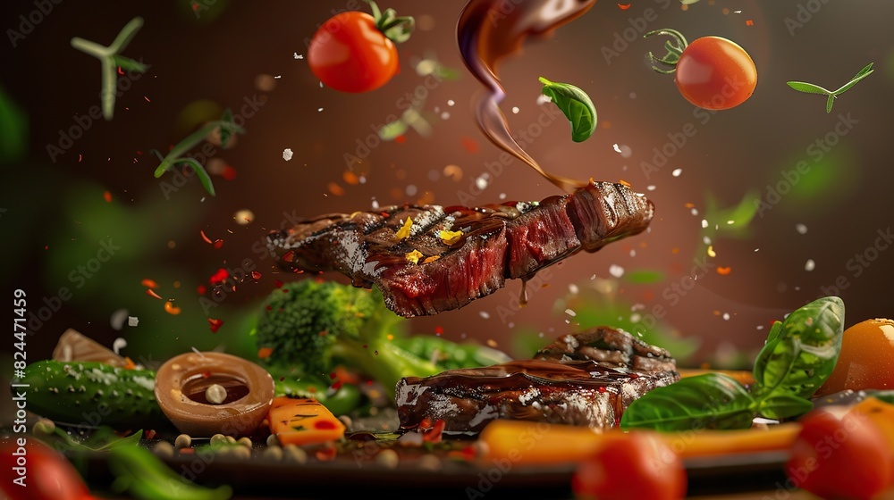 Wall mural Steak with flying ingredients and hot spices served with vegetables. and has a fragrant sauce