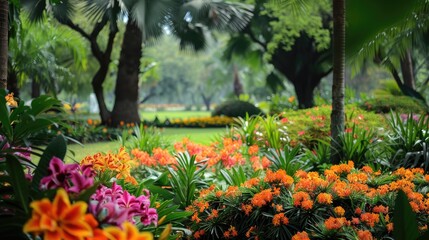 Vibrant blooms and tropical trees in the park