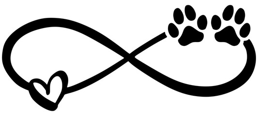 Dog or cat paw prints and heart - in infinity shape - lovely tattoo, ink. Lovely heart with paw print and heart inside infinity symbol. Modern design for pet lovers