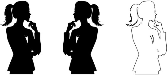 Woman in suit thinking pose silhouette vector isolated on White Background