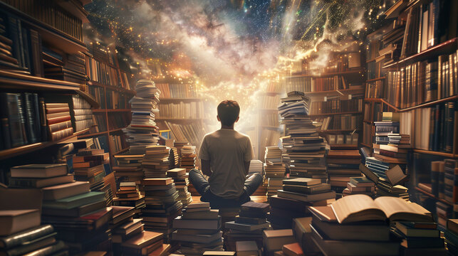 A young man sitting among books against the backdrop of space. Reading, book lover, library, world of dreams and fantasy.