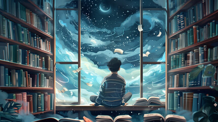 A young man among books near the opened window. Reading, book lover, library, world of dreams and fantasy.