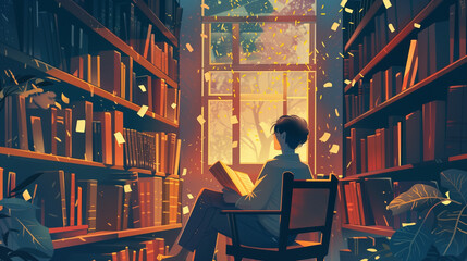 A young man among books sitting near the window. Reading, book lover, library, world of dreams and fantasy.