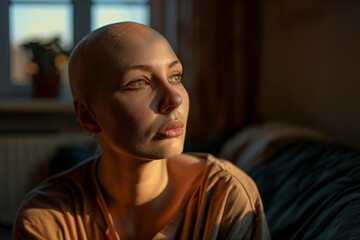 young bald woman suffering of cancer from alopecia following chemotherapy treatment .ai generative