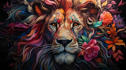 Colorful abstract vibrant lion background. Generative AI