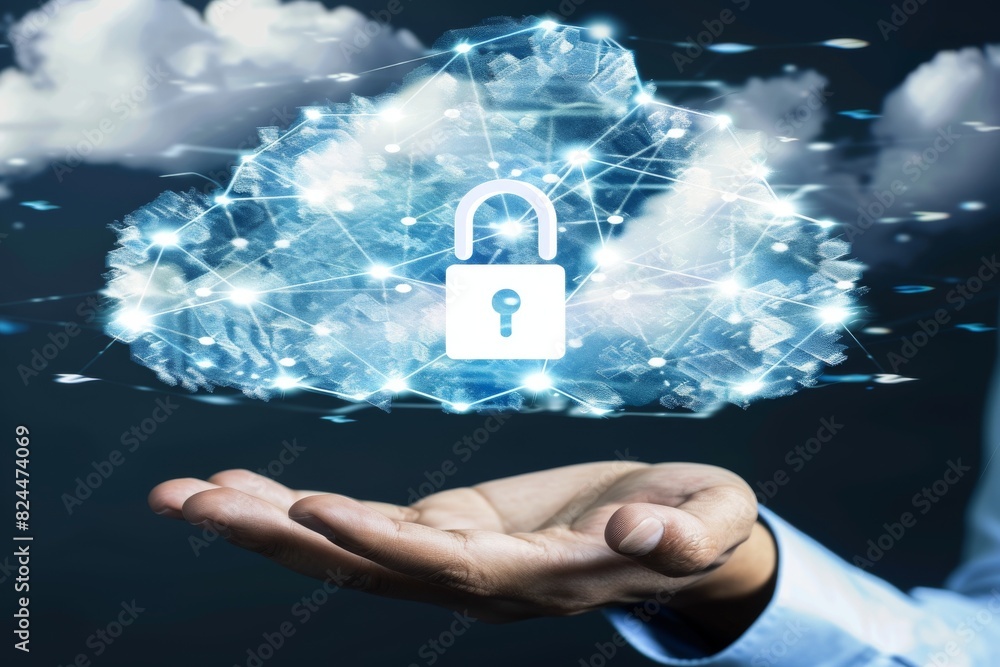 Poster innovative cloud security with interconnected digital elements and advanced data protection technolo