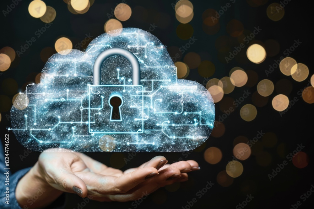 Poster Advanced cloud security with interconnected digital systems and modern data protection.