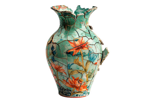 recommend clip art: Old and broken ceramic Chinoiseries vase isolated on white background