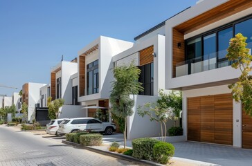 Fototapeta premium Modern townhouses with white walls and wooden accents, set against the backdrop of an urban landscape