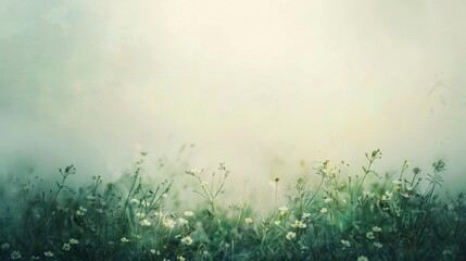 Serene Misty Meadow with Blooming Flowers at Dawn