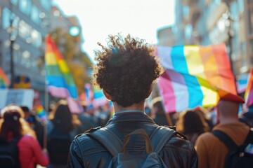  Back view of people with LGBT and Trans flags protest on the street. - Powered by Adobe