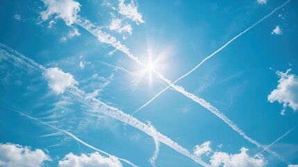 Bright sun with airplane contrails crisscrossing a clear blue sky - Powered by Adobe