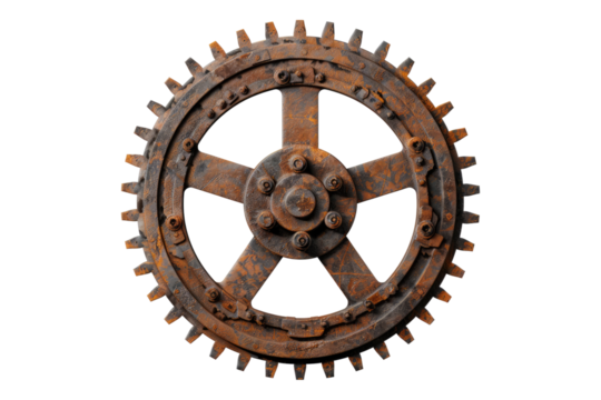 Rusty old cog wheel isolated on white background