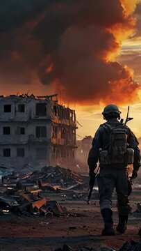 aLone soldier walking in destroyed city with sunset and smoke
