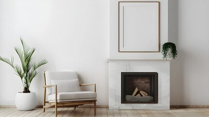 Interior of a Scandinavian living room fireplace mantel with a blank frame mockup on the wall and white minimalist chairs and plants 