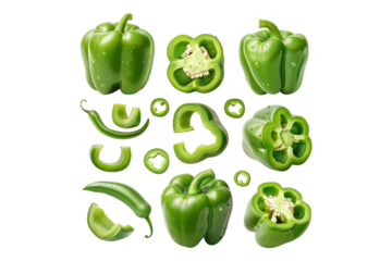 Set of fresh whole and sliced green bell pepper isolated on white background