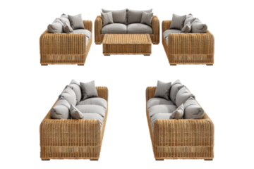 Set of outdoor garden rattan straw couches isolated on white background