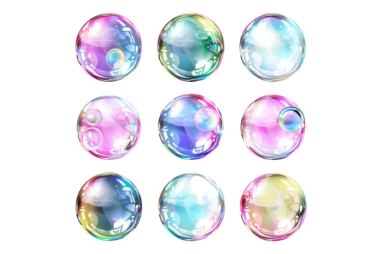 Set of realistic transparent colorful soap balloons isolated on white background