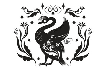 vector black and white illustration of Fiction bird, rooster, chick, Folk Art, linocut style, animalistic ornament