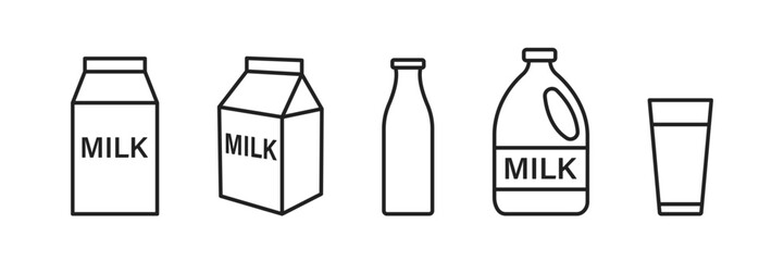 Milk icons set. Packages of milk. Contain carton, glass, bottle. Vector illustration.