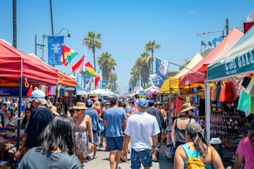 Bustling Outdoor Market Scene with Colorful Stalls and Diverse Shoppers