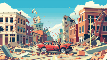 Destroyed city buildings damaged car cracked road after