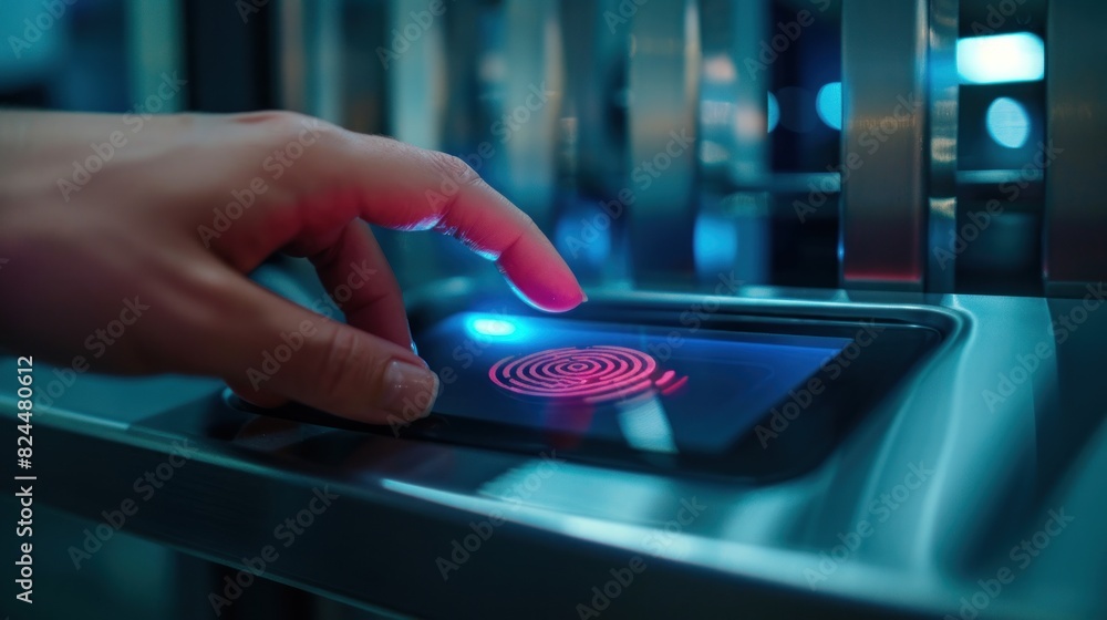 Poster a close-up image of an employee scanning his/her fingerprint into the scanner to enter the security 