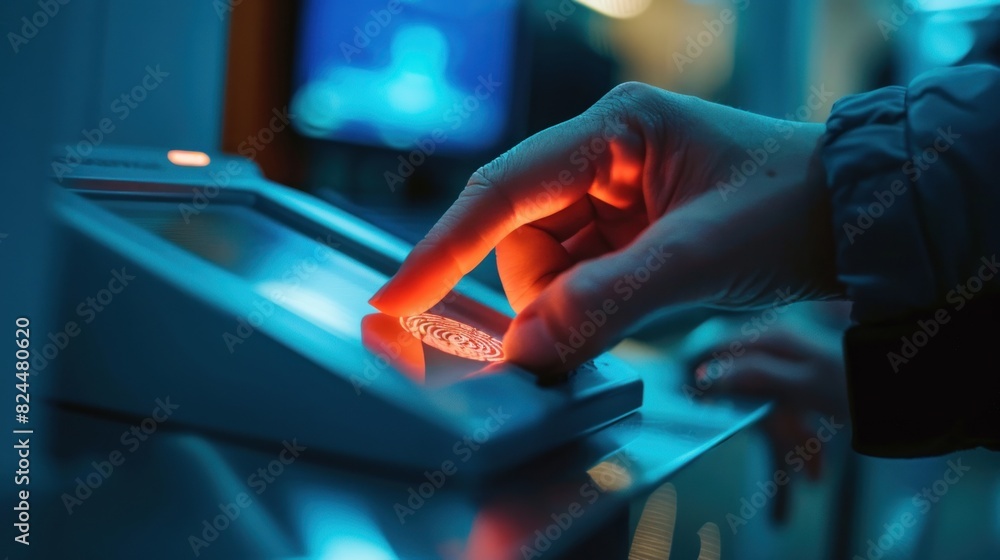 Poster a close-up image of an employee scanning his/her fingerprint into the scanner to enter the security 