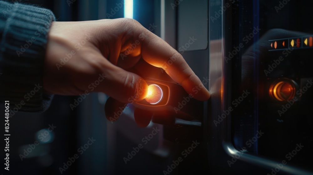 Poster a close-up image of an employee scanning his/her fingerprint into the scanner to enter the security 