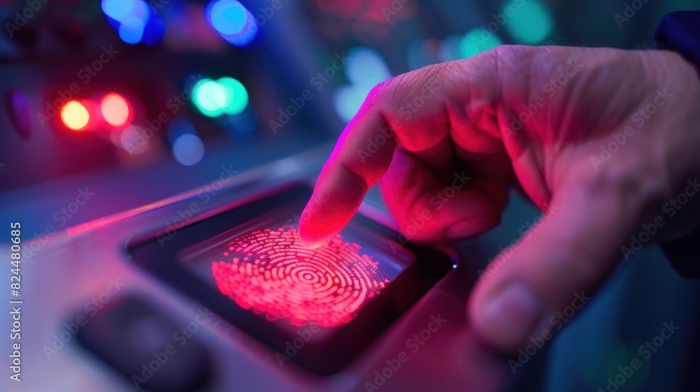 Poster a close-up image of an employee scanning his/her fingerprint into the scanner to enter the security 